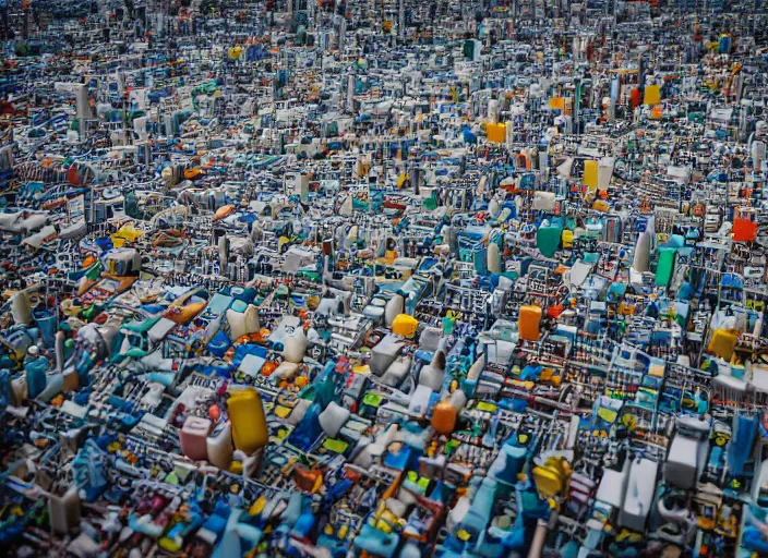 Prompt: Professional Photography, Nikon, Plastic city, Building made of plastic