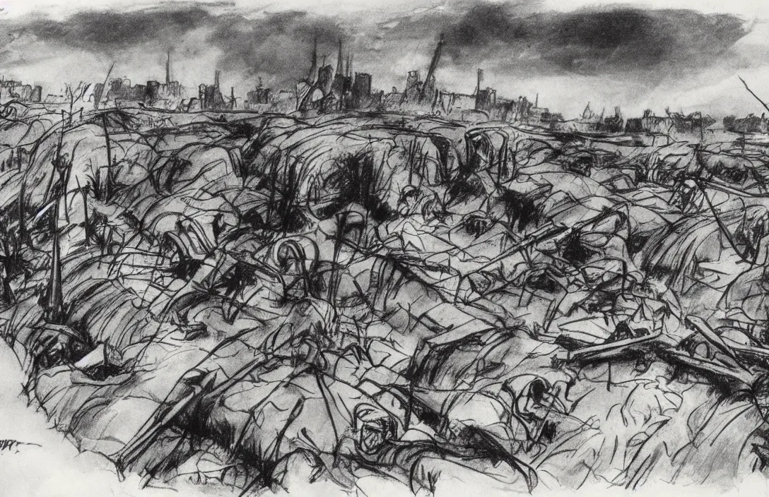 Prompt: milt kahl sketch of world war 1 trenches with the city of miami in the background