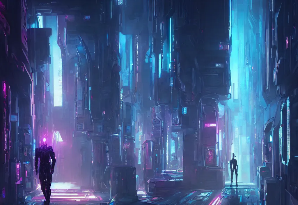 Image similar to art by vincent lefevre, cyberpunk by finnian macmanus, shot of film cyborg walking in server room, character design, altermodern, cityscape, synthwave, matte painting, trending on artstation, volumetric lighting, dramatic lighting