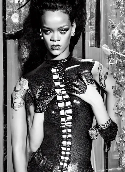Image similar to a portrait of rihanna by gilles berquet, serge lutens, wearing atsuko kudo latex outfit, photorealistic, intricate details, hyper realistic, ', photorealistic, canon r 3, photography, symmetrical features, symmetrical pose, wide angle shot, head to toe, standing pose, feet on the ground,