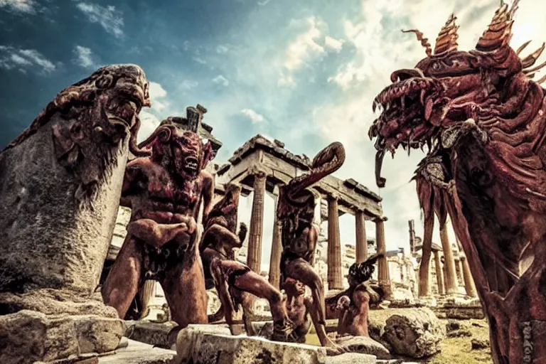 Image similar to horrible giant demons outside ancient greek temple. bollywood fantasy action movie still.