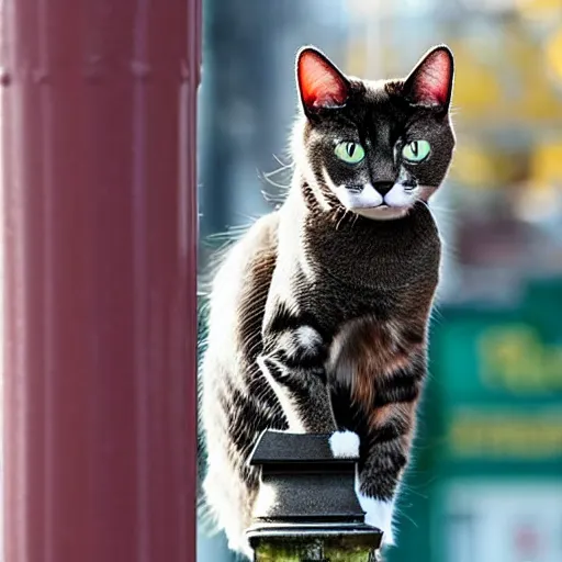 Image similar to A photo of a cat that has its tongue stuck to a lamp post due to the freezing cold. The tongue is connected to the lamp post.