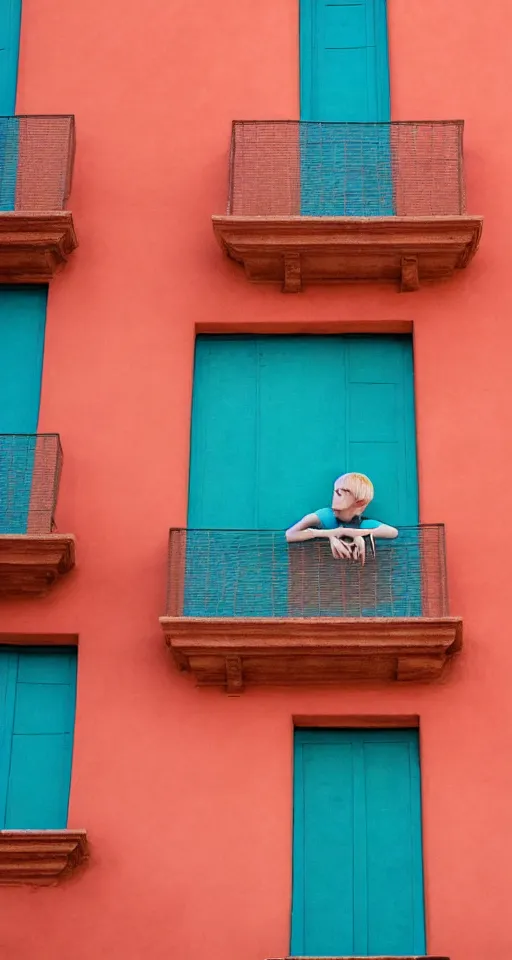 Image similar to blonde boy hanging out the window of pastel red ancient spanish architecture, teal sky behind the building, beautiful, minimalistic, aesthetic, two tone, photorealistic