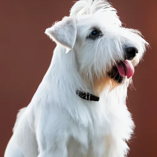 Prompt: photo of a white schnauzer dog with two open wings on his back, 5 5 mm photo