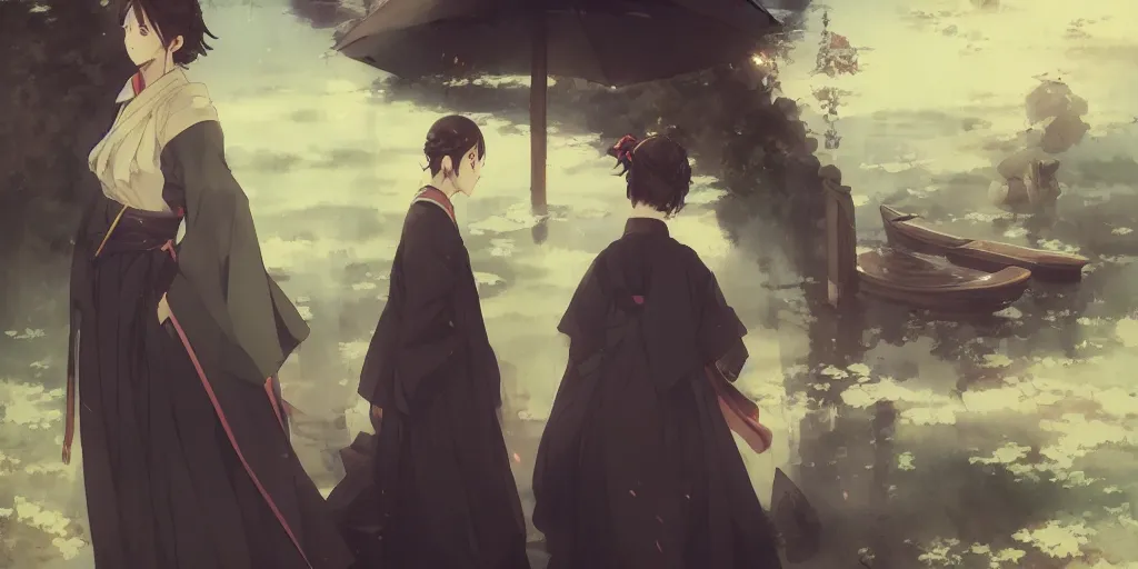 Image similar to anime kyoto animation key by greg rutkowski night, taisho roman, hakama