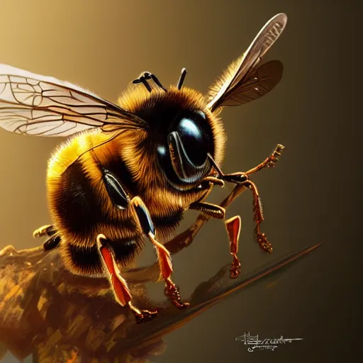 Prompt: portrait of a bee, muscular, wild, D&D, fantasy, intricate, cinematic lighting, highly detailed, digital painting, artstation, concept art, smooth, sharp focus, illustration, art by Hajime Sorayama