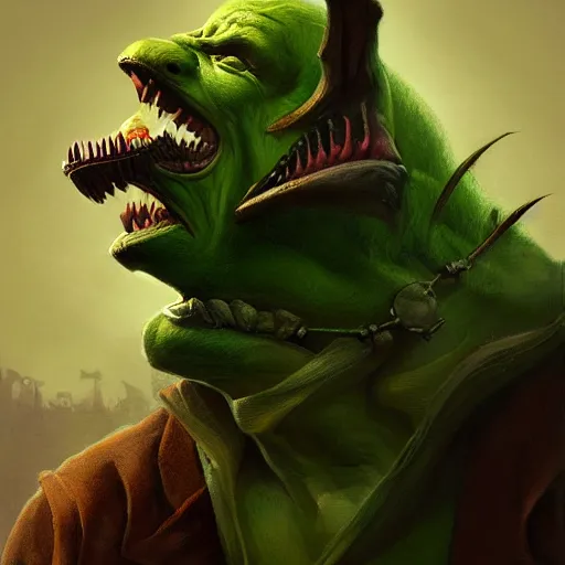 Image similar to Epic portrait A green fat goblin with a sharp chin stealing bag of money with his hands, Side profile, sharp teeth, small, digital painting, artstation, concept art, soft light, hdri, smooth, sharp focus, illustration, fantasy, intricate, elegant, highly detailed, D&D, matte painting, in the style of Greg Rutkowski and Alphonse Mucha and artemisia, 8k, highly detailed, jurgens, rutkowski, bouguereau, pastoral, rustic, georgic