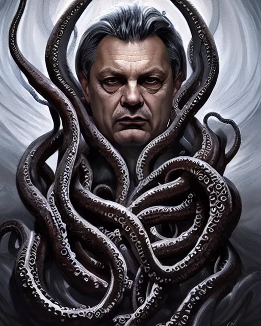 Image similar to portrait of viktor orban with lovecraftian tentacles, elegant, real life skin, intricate artwork, high detailed, artstation, concept art, smooth, sharp focus, art by artgerm and greg rutkowski @ ruprechy