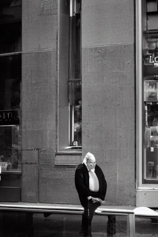 Prompt: close-up photography, fat man looks at bird in New York, soft light, 35mm, film photo, Joel Meyerowitz