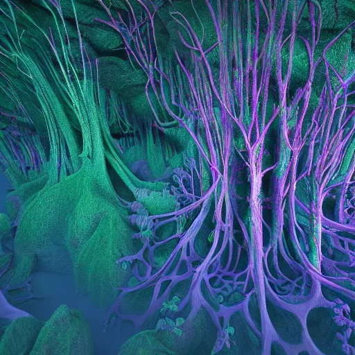 Prompt: Highly detailed wide angle photo of a fractal forest, by Zdzislaw Beksinski , neon colors, octane render, 8k