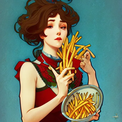 Prompt: Aarctic tern eating french fries, illustration, storybook, Artstation, WLOP, art by alphonse mucha