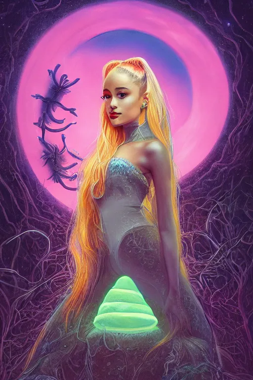 Prompt: queen ariana grande, art by frank kelly & michael bohme, trending on artstation, bioluminescence closeup view illustrator, american romanticism, very very elegant, 4 k hd