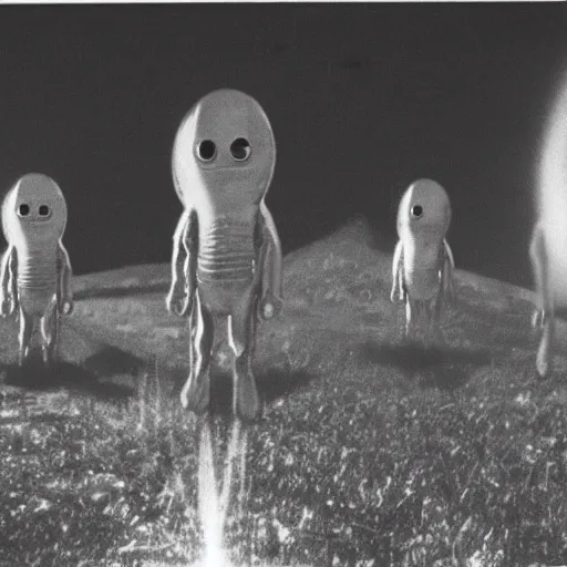 Image similar to polaroid photograph of aliens visiting earth, 1 9 5 0