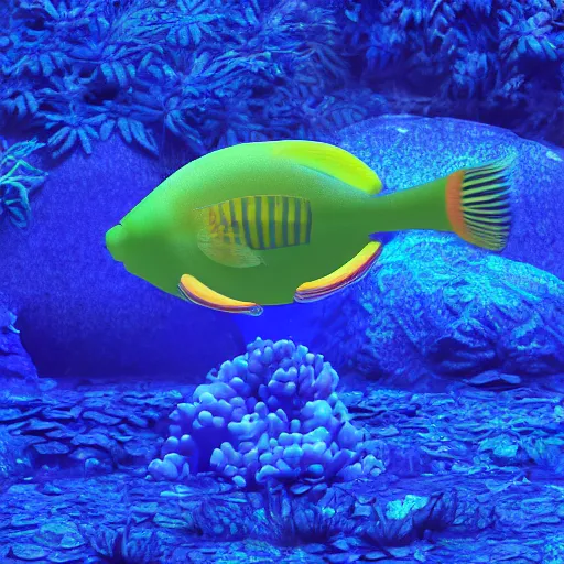 Image similar to 3D render of a cute tropical fish in an aquarium on a dark blue background, digital art