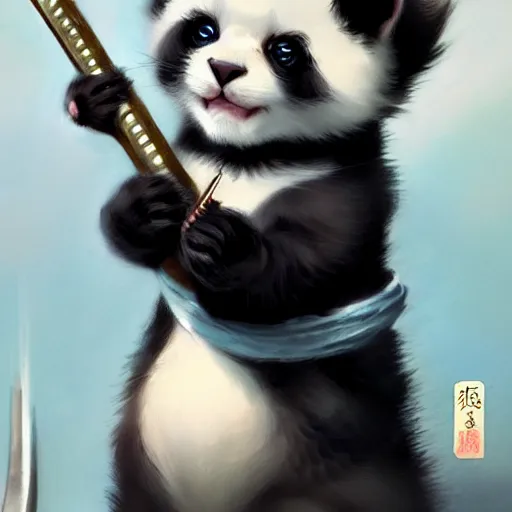 Image similar to cute kitten with panda body and cat face, in a kimono, holds a sword, by greg rutkowski, highly detailed, 4 k