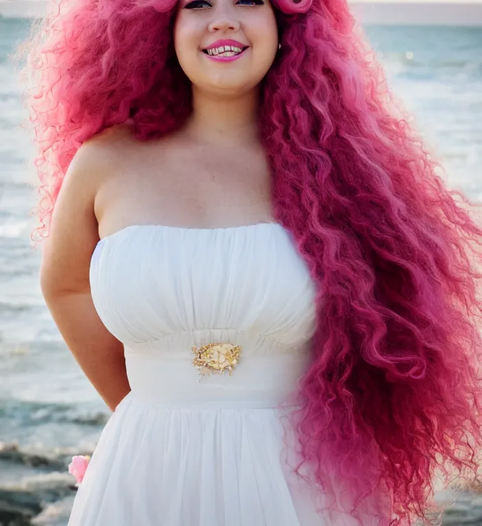 Image similar to a photograph of rose quartz from steven universe, portrait photography, 8 5 mm, iso 4 0 0, focus mode, detailed portrait, gigantic tight pink ringlets, huge curly pink hair, bangs, plus size, extremely beautiful and ethereal, warm smile, magical, white dress, regal, gorgeous, kind features, beautiful woman, flattering photo, daylight