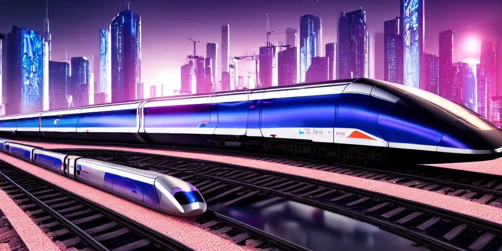 Prompt: cyberpunk maglev train riding though futuristic station, futuristic cityscape in background, gorgeous lighting and metallic reflection, eurostar, maroon and blue accents, 8k, high detail