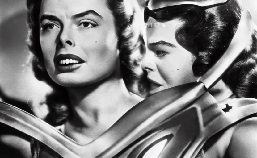 Prompt: ingrid bergman as wonder woman in a scene from the 1 9 4 8 film'wonder woman versus the robots '. film noir. action. beautiful. powerful. depth of field. publicity photograph. bokeh.