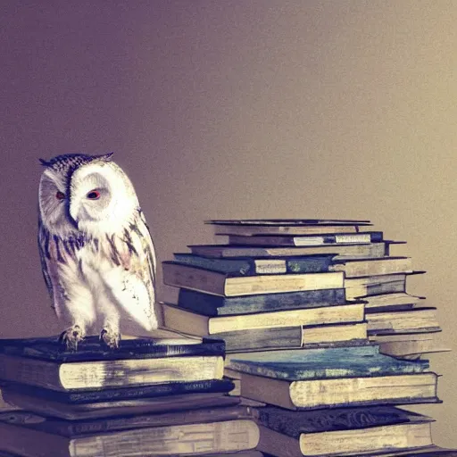 Image similar to long shot of a fluffy sleegy owl sitting on a pile of antique books, by naoto hatori, by yoshita amano, by esao andrews, fancy illustration hyperrealistic, big depth of field, fresh colors, moody evening light, 3 d octane render conceptart, 4 k, highly detailed, trending on artstation