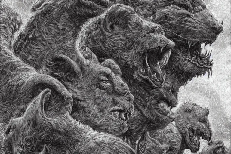 Image similar to cerberus hyperdetailed photo of a cerberus by ed binkley, wayne barlowe, alex horley, johfra bosschart, craig mullins, three head one body, cerberus, details