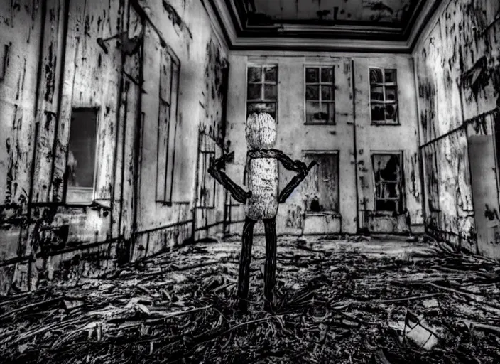 Image similar to black and white photo of giant possessed Woody doll, abandoned asylum, night, creepy