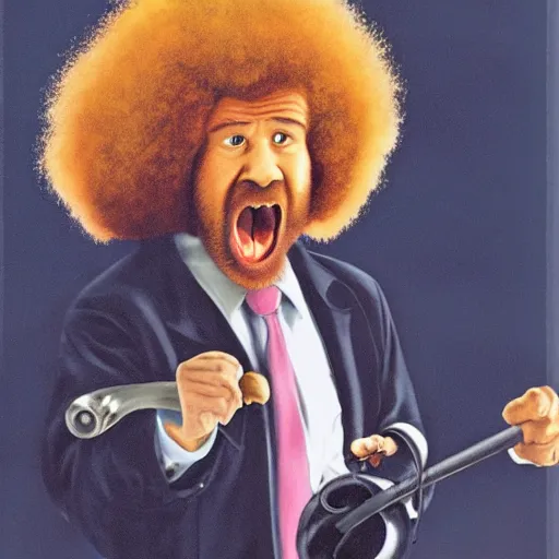 Image similar to bob ross screaming at a giant pink tuba