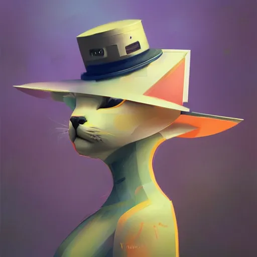 Image similar to a half robot cat wearing a hat medium shot, asymmetrical, profile picture, organic painting, nebula, matte painting, bold shapes, hard edges, street art, trending on artstation, by huang guangjian and gil elvgren and sachin teng