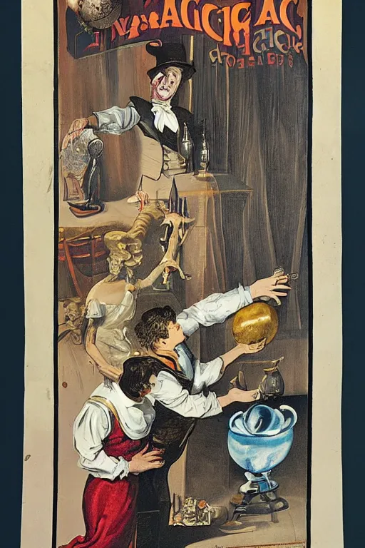 Image similar to an old magic poster showing a magician performing the cups and balls trick