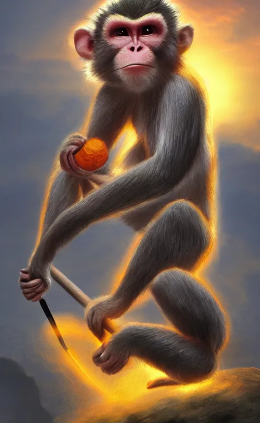 Prompt: photorealistic portrait of Sun Goku the Monkey on his staff meditating on a steep hill Infront of a yellow and red sunset, digital photorealistic art, concept art, trending on art station