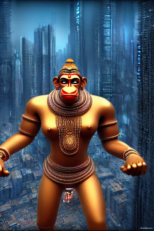 Image similar to high quality 3 d render hyperrealistic cyborg!! hanuman! madhubani, highly detailed, cyberpunk mumbai in the background, unreal engine cinematic smooth, in the style of solaris, hannah yata charlie immer, moody light, low angle, uhd 8 k, sharp focus