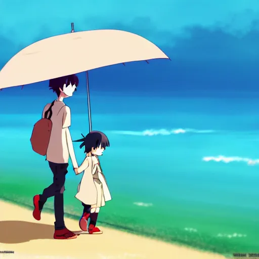 Image similar to anime girl and boy walking together on the Beach, Rain, umbrella, by makoto shinkai, Studio Ghibli, anime wallpaper, flat colors