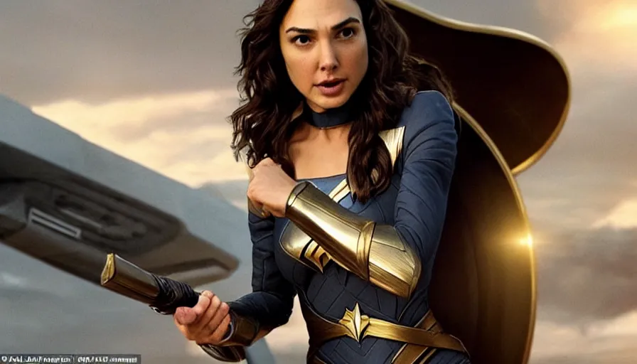 Image similar to Gal Gadot, in full starfleet uniform, is the captain of the starship Enterprise in the new Star Trek movie