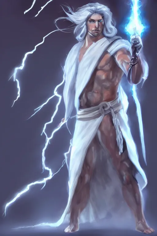 Image similar to thunder man, storm, lightning, spell, staff, white robe, hallway, artstation