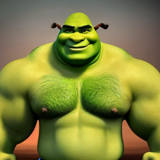 Image similar to muscular shrek with short brown curly hair with bangs and a chiseled jawline as he pridefully flexes his muscles intensely, realistic hyperrealistic 4 k resolution 8 k resolution highly detailed very detailed extremely detailed hd quality detailed face very detailed face extremely detailed face trending on artstation