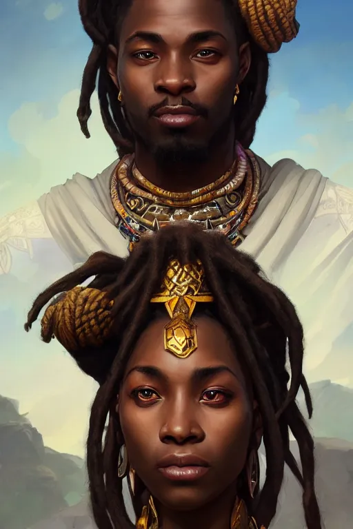 Image similar to photography of african king with dreadlocks, deep focus, d & d, fantasy, intricate, elegant, highly detailed, digital painting, artstation, concept art, matte, sharp focus, illustration, hearthstone, art by artgerm and greg rutkowski and alphonse mucha