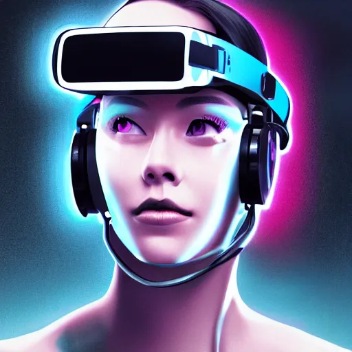 Image similar to cyberpunk bot wearing vr headset, sci - fi, portrait, illustration