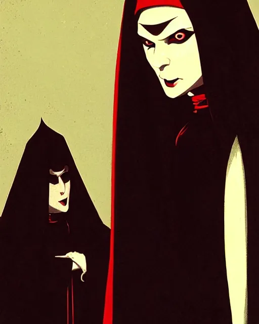 Image similar to one scary female vampire nun, evil grin, nun outfit, closeup, portrait size, cinematic, powerful, super detailed and intricate, by koson ohara, by darwyn cooke, by greg rutkowski, by satoshi kon