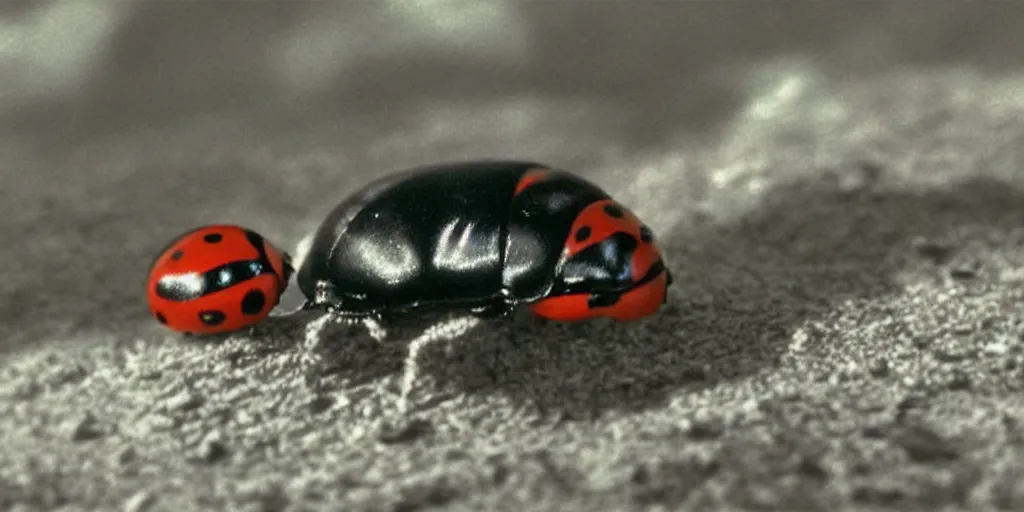 Image similar to a 3 d rendered movie still from a distance of 3 0 m of a ladybug 1 million years from now. the ladybug is sentient, wears tiny spacesuit, and conquered space exploration in a tiny space ship. science fiction blockbuster movie ladybugs rule the world, imax 7 0 mm. bladerunner.