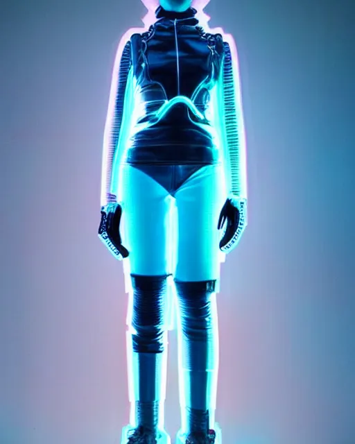 Image similar to full body shot of young punk woman dressed in futuristic cyberpunk clothing, neon light, soft diffused light, bjork aesthetic, translucent, by rineke dijkstra and artgerm, intricate details, highly detailed, masterpiece, 8 5 mm