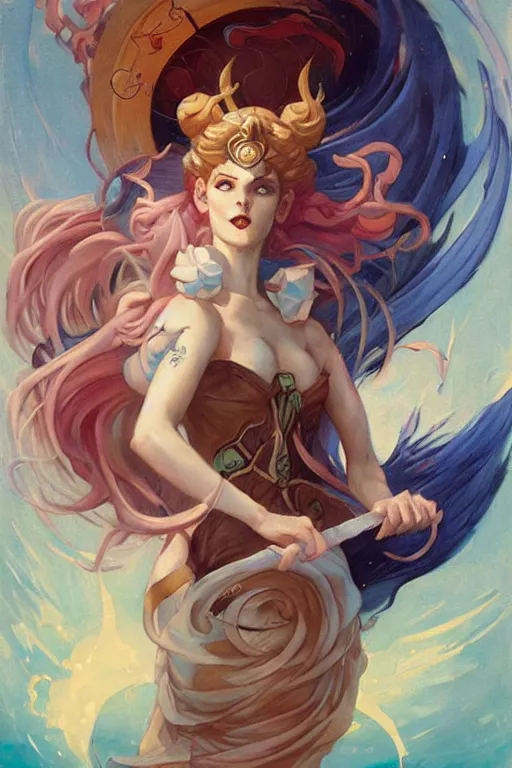 Image similar to Sailor Moon by Peter Mohrbacher in the style of Gaston Bussière, Art Nouveau