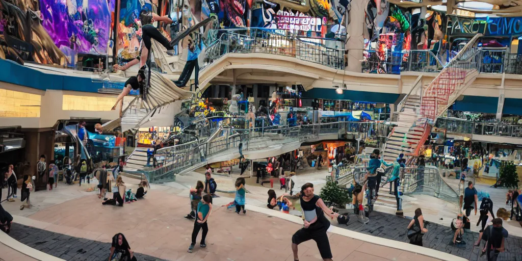 Image similar to practicing parkour in the mall of america, telephoto lens