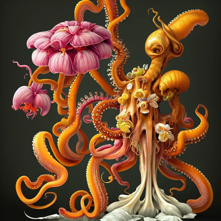 Image similar to still life of tropical flowers, alien squid, octopus, pastel tropical flowers, surreal alien ribbed tropical fruit, white human spine, baroque painting, beautiful detailed intricate insanely detailed octane render trending on Artstation, 8K artistic photography, photorealistic, chiaroscuro, Raphael, Caravaggio