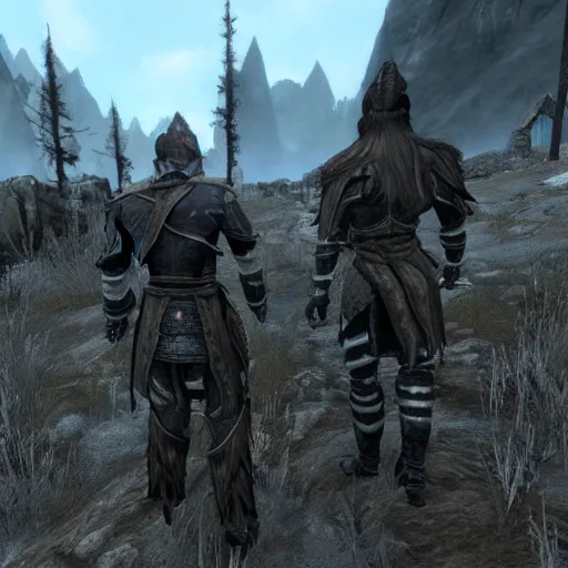 Image similar to walking through skyrim but all the NPCs are robots