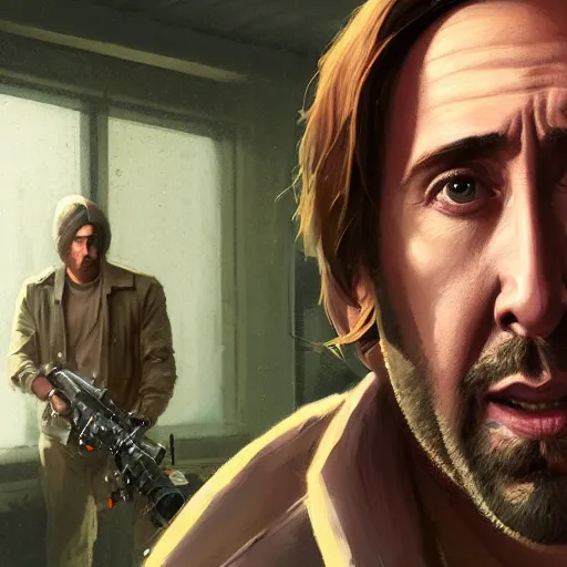 Prompt: highly detailed portrait, nicolas cage, in gta v, stephen bliss, unreal engine, fantasy art by greg rutkowski, loish, rhads, ferdinand knab, makoto shinkai and lois van baarle, ilya kuvshinov, rossdraws, tom bagshaw, global illumination, radiant light, detailed and intricate environment