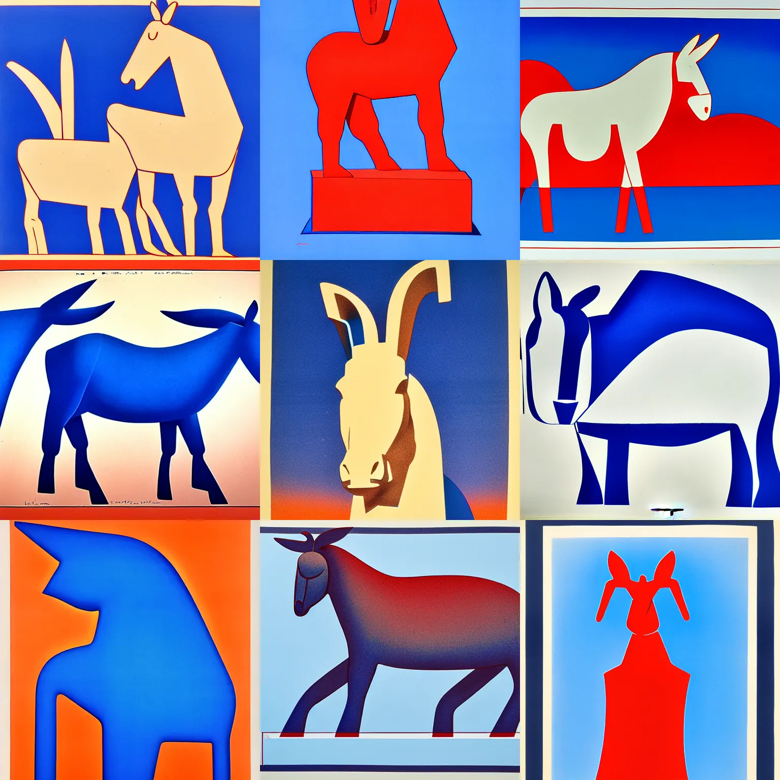 Prompt: duotone lithograph print of cycladic sculpture of a donkey, bold, solid colors, stylized, ultramarine blue and red iron oxide