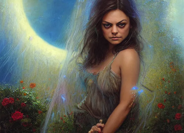 Image similar to Mila Kunis staring into the camera, misty wisps, Lilia Alvarado, Sophie Anderson, Mark Arian, Bob Byerley, Charlie Bowater, Mark Brooks, Steve Henderson, Justin Gerard, Arthur Hughes, Edward Robert Hughes, Mark Keathley, Victor Nizovtsev, Carlos Shwabe, Ross Tran, WLOP