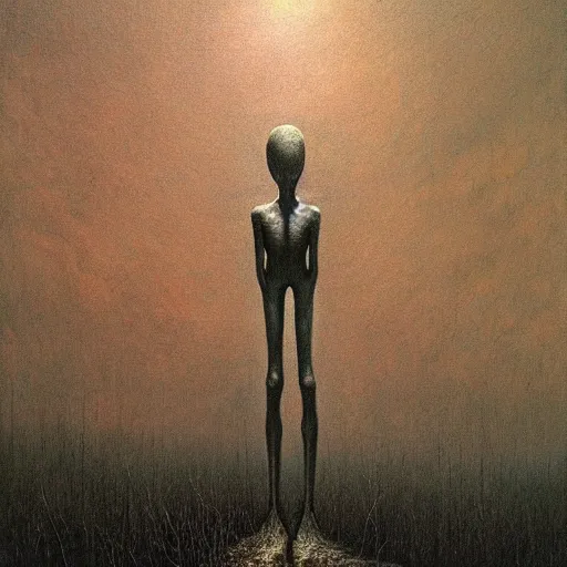 Image similar to slenderman, high detail, masterpiece, oil on canvas, art by beksinski