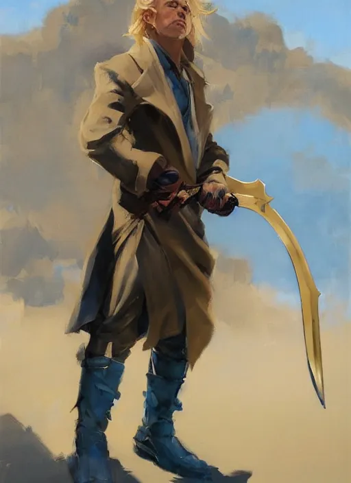 Image similar to greg manchess side portrait of a blond man in a blue suit with a big sword, asymmetrical, profile picture, organic painting, sunny day, matte painting, bold shapes, hard edges, street art, trending on artstation, by huang guangjian, gil elvgren, ruan jia, randy vargas, greg rutkowski