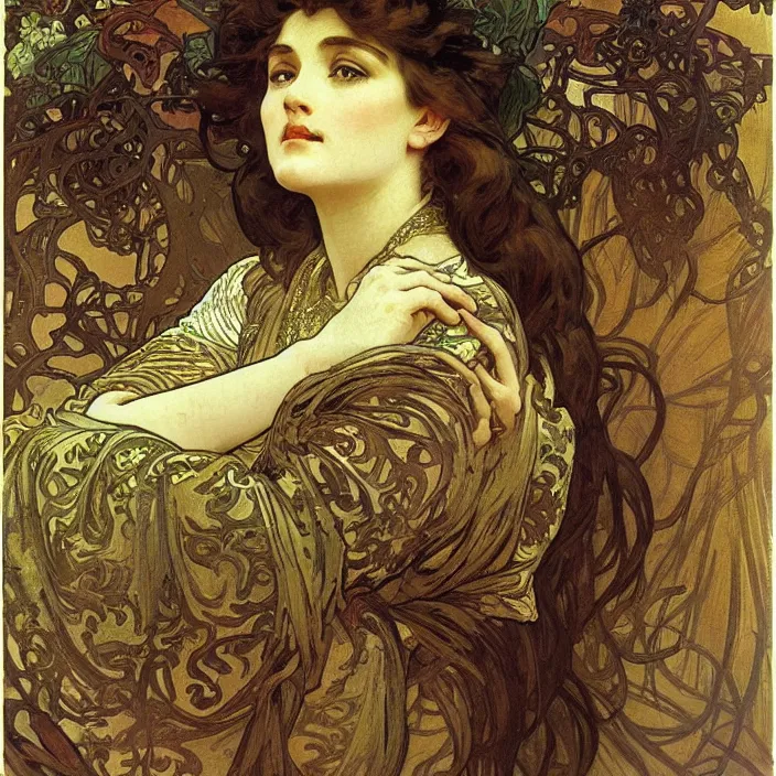 Prompt: longing look of a woman, portrait, highly detailed, bourgeoise, extremely opulent, ornate art, pompous, ornamental, richly detailed, digital art by alphonse mucha, ivan shishkin, adolph menzel, carvaggio