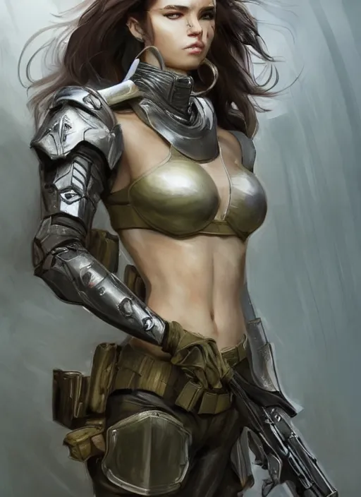 Image similar to a professionally painted full body portrait of an attractive young female, clothed in military-style battle armor, olive skin, long dark hair, beautiful bone structure, symmetrical facial features, intricate, elegant, digital painting, concept art, smooth, sharp focus, illustration, finely detailed, from Metal Gear by Ruan Jia and Mandy Jurgens and Artgerm and William-Adolphe Bouguerea